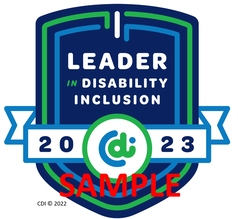 CDI's seal has a blue background and words Leader in Disability Inclusion 2023 with watermark overlay of sample only 