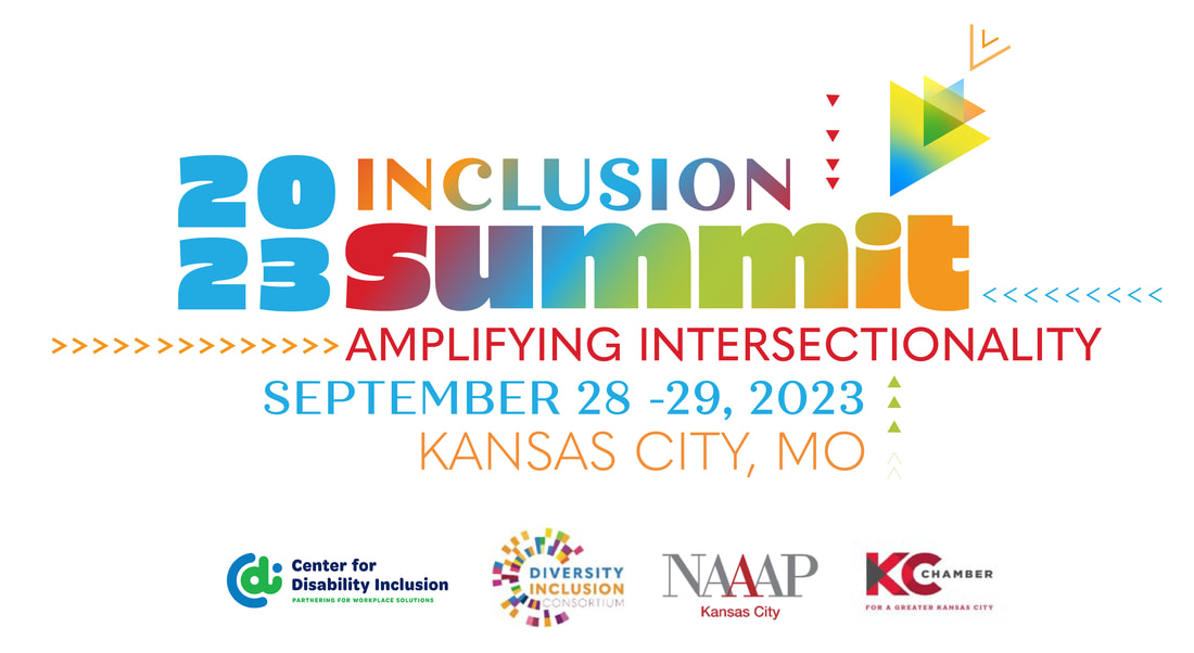 2023 Inclusion Summit amplifying intersectionality colorful artwork with logos of four organizations collaborating on the event