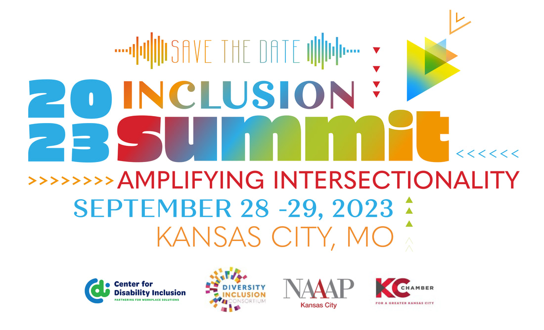 2023 Inclusion Summit amplifying intersectionality colorful artwork with logos of four organizations collaborating on the event