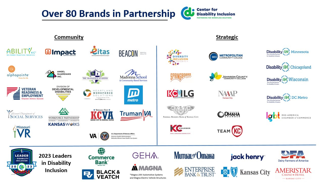 PicturOver 80 brands in partnership with CDI. Graphic of logos for pivotal partners in community agency and strategic partner categories. Plus section at bottom with logos for the ten recipient companies of 2023 Leader in disability inclusion seal of accomplishment award
