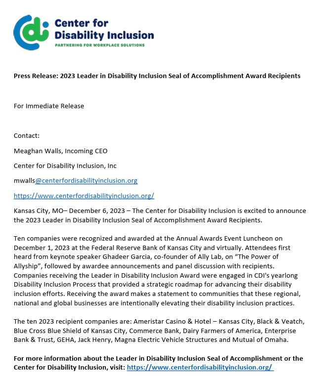 Press release announcing ten recipient companies of the 2023 Leader in Disability Inclusion Seal of Accomplishment Award.Picture