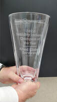 Glass vase award etched with 2020 Disability Inclusion Champion Award